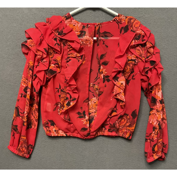Truth NYC Blouse Womens Small Red Floral Ruffle Long Sleeve Sheer Top Boho Chic - Picture 5 of 8